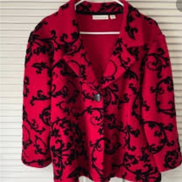 Vintage Coldwater Creek wool and velvet blazer vibrant red and black swirl - Picture 2 of 12